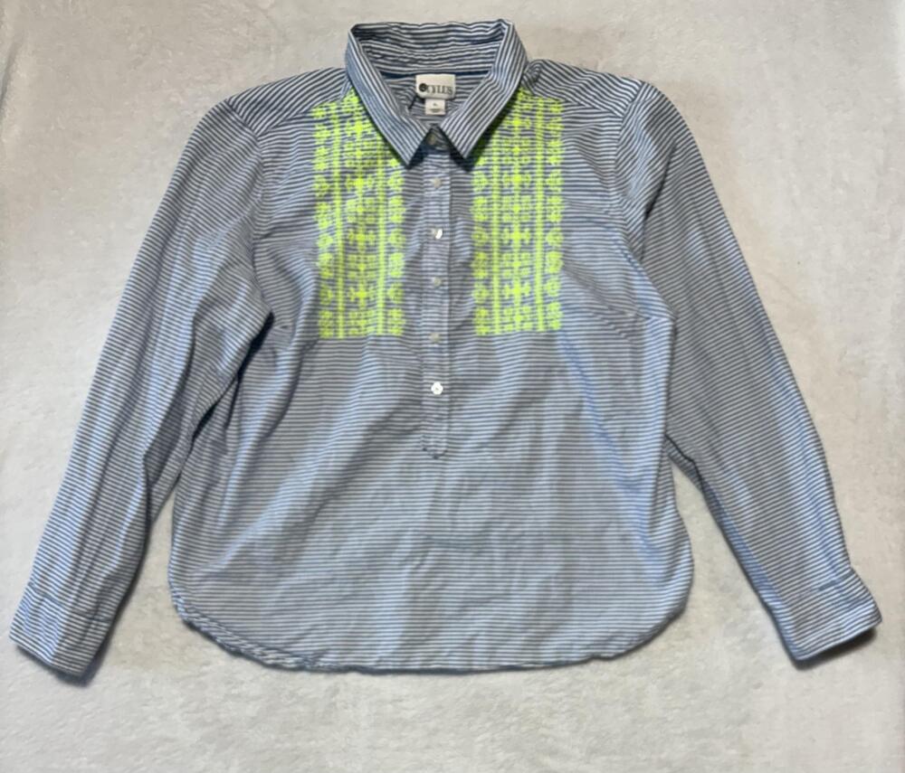 Stylus Shirt Womens XL Blue Stripe Embroidered 1/2 Button Long Sleeve Collar Top